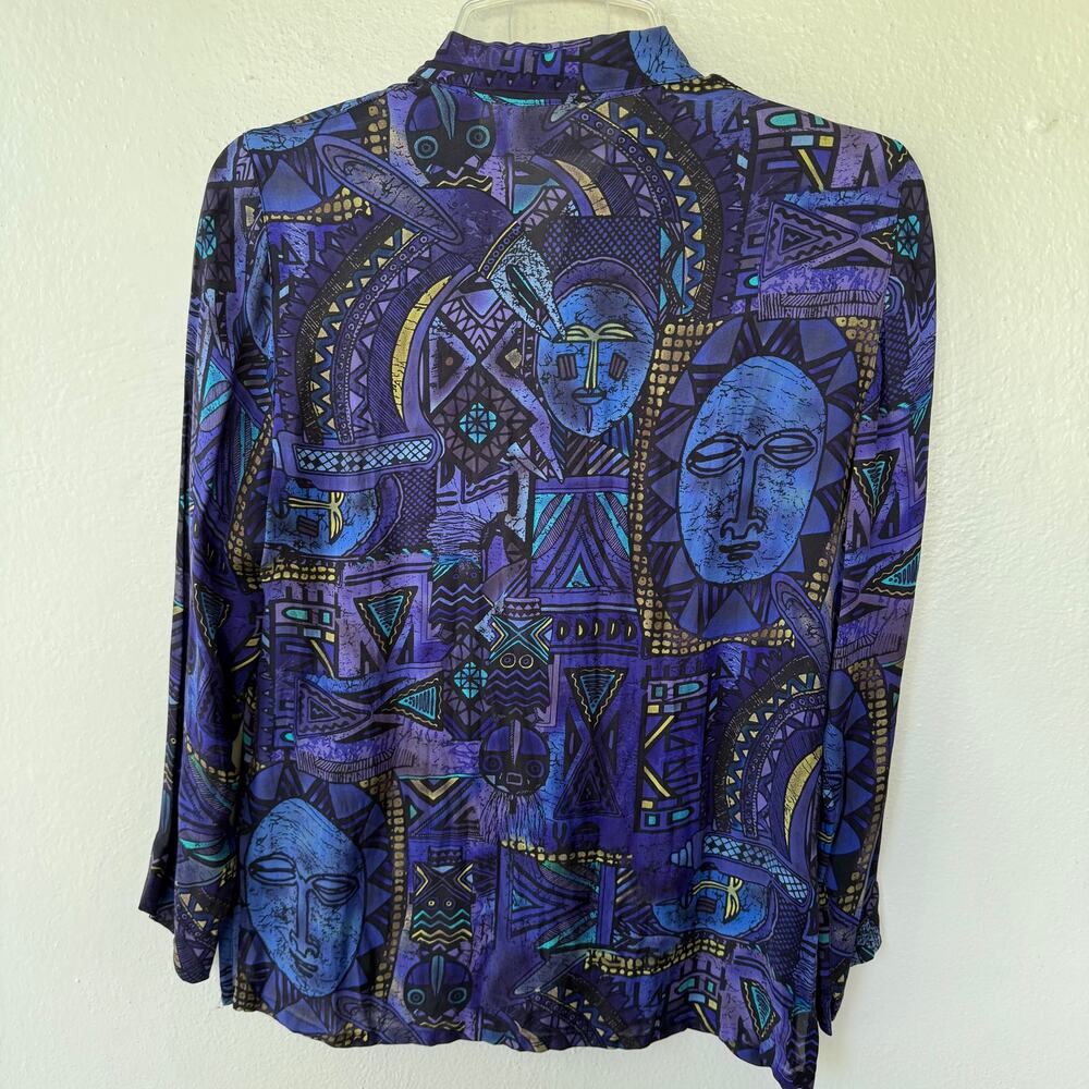 Chico's Design blouse 100% silk purple and blue artistic pattern Size XS - Picture 7 of 9